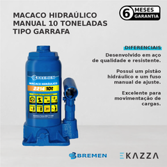 Macaco Hidráulico tipo Garrafa Manual 10 Toneladas - Bremen