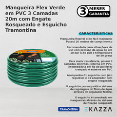 Mangueira Flex PVC 3 Cam 20m c/ Engate Rosqueado Esguicho - Tramontina